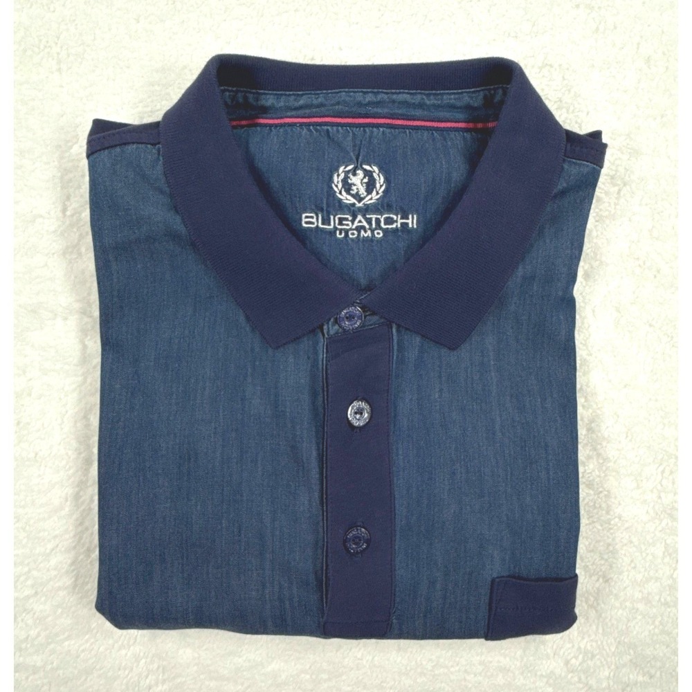 Bugatchi Uomo Mens XXL Blue Cotton Stretch Pocket Polo Shirt Made in Italy